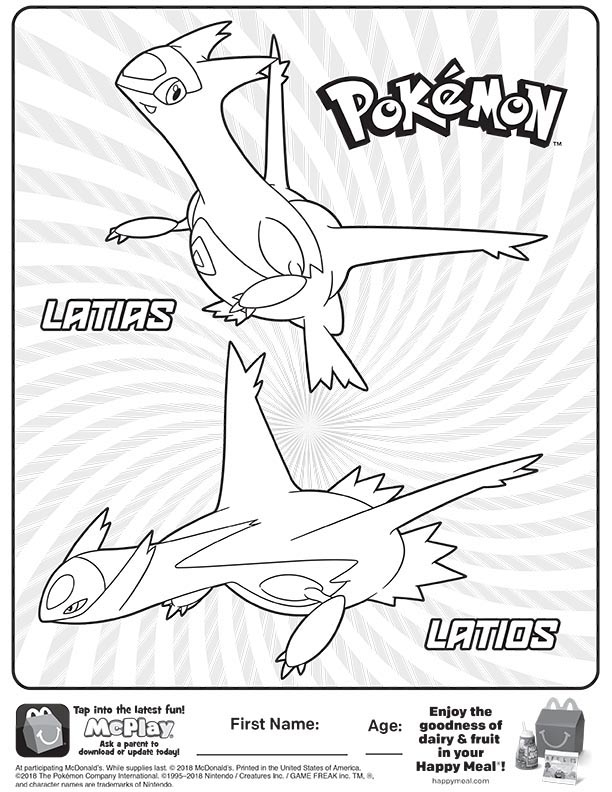 Mcdonalds happy meal coloring and activities sheet â pokemon latias and latios â kids time