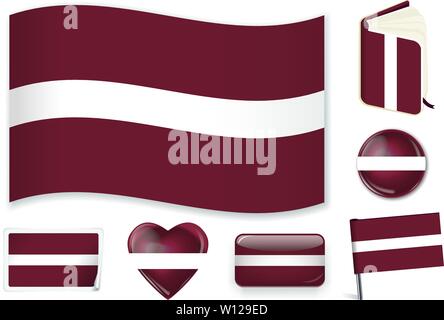 Latvia latvian national flag in wave book circle pin button heart and sticker shapes stock vector image art