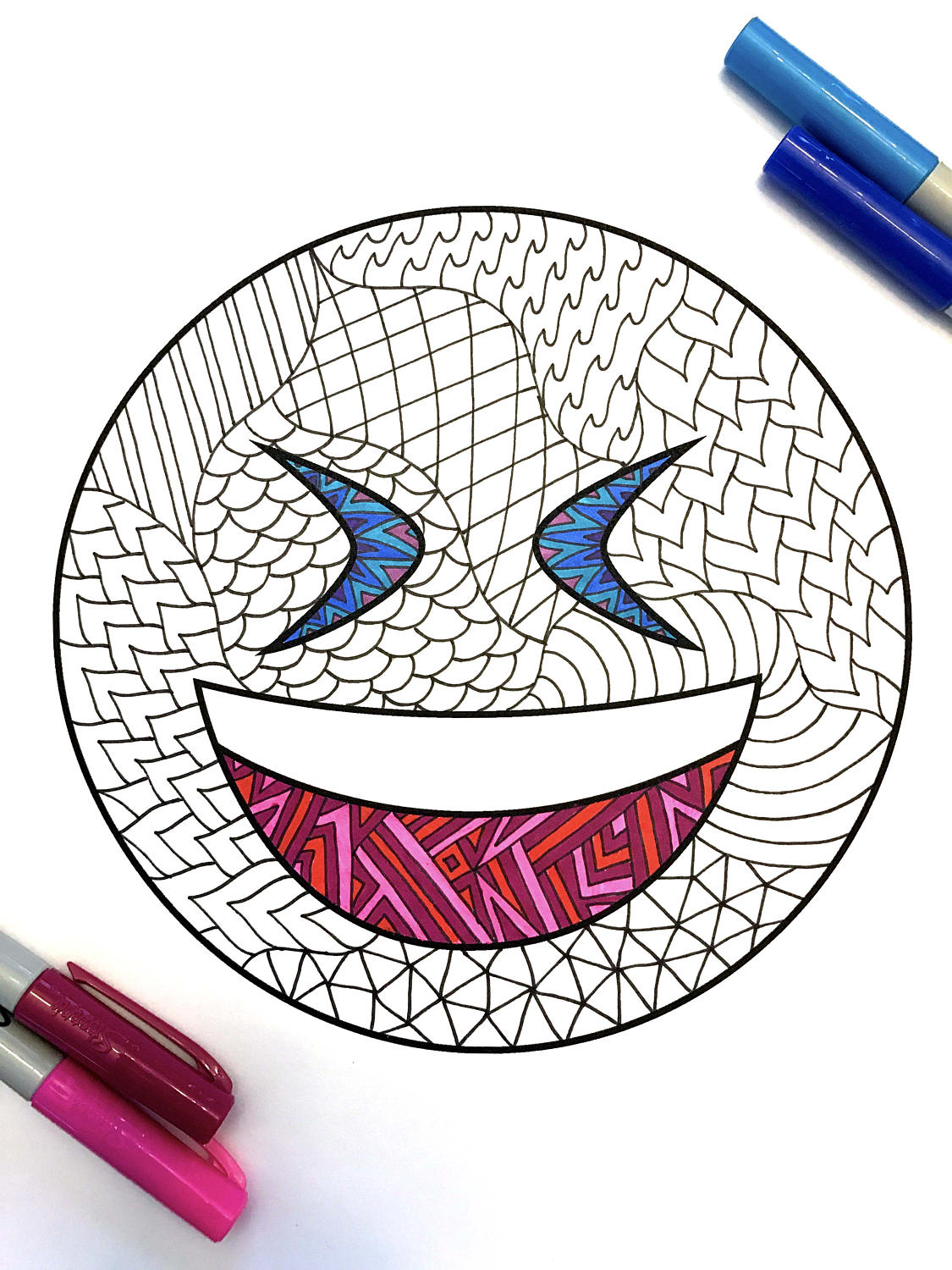 Laugh emoji â pdf zentangle coloring page â scribble stitch