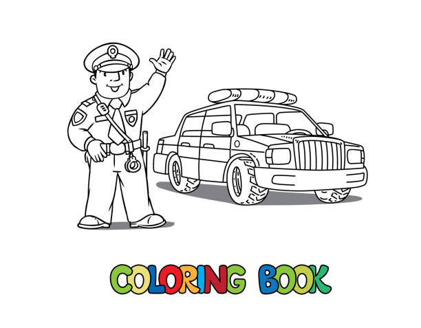 Policeman in uniform and police car coloring book stock illustration
