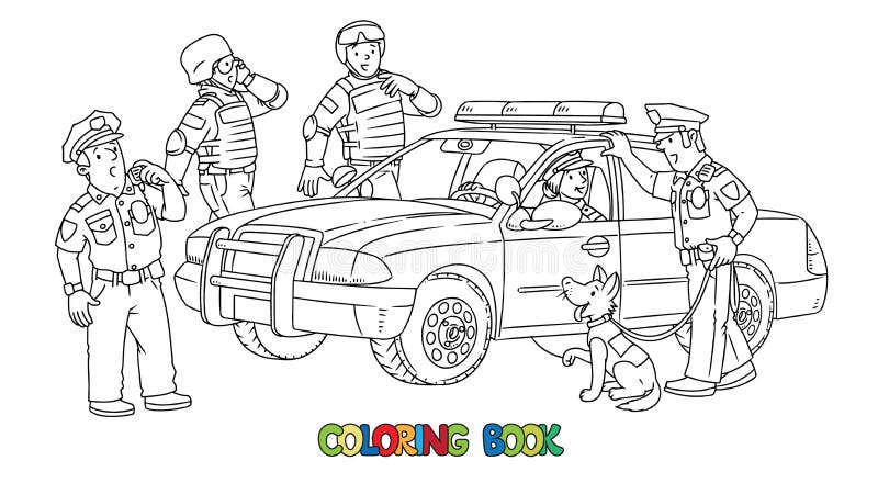 Police officers and police car coloring book stock illustration