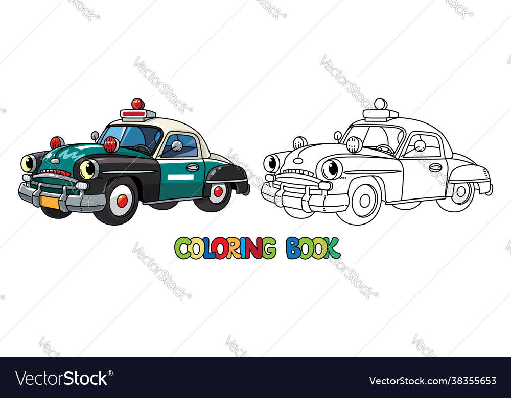 Funny small retro police car coloring book vector image