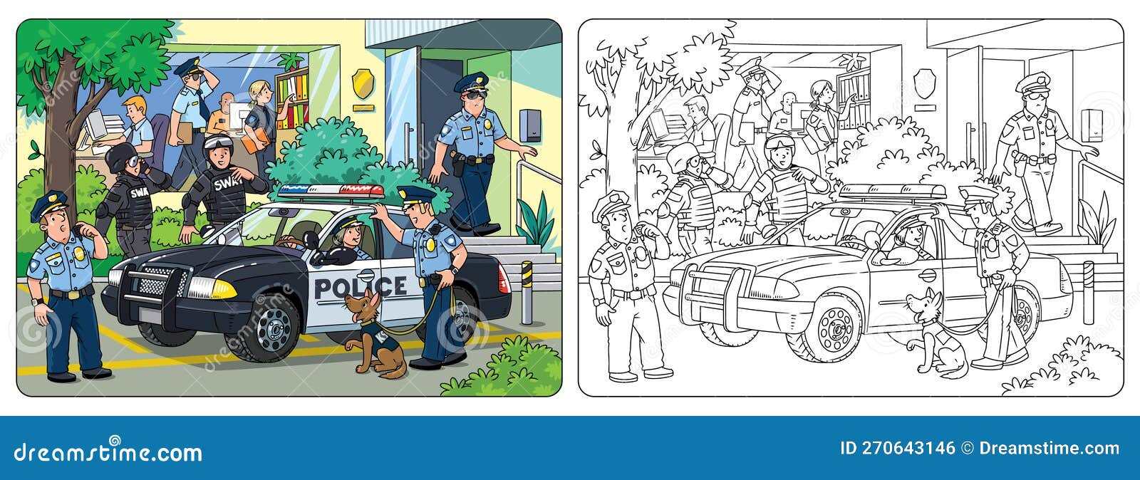 Police station car and officers coloring book stock vector