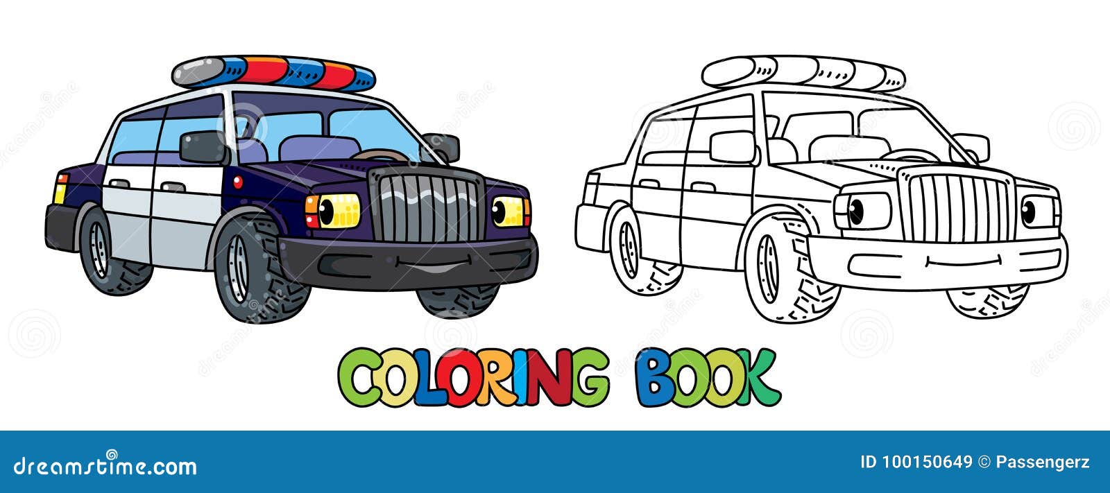 Funny small police car with eyes coloring book stock vector