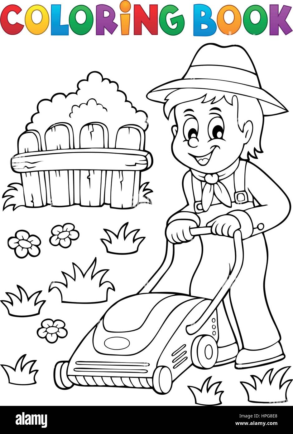 Coloring book gardener with lawn mower