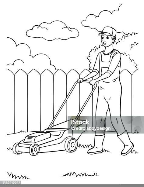 Lawn mower coloring page for kids stock illustration