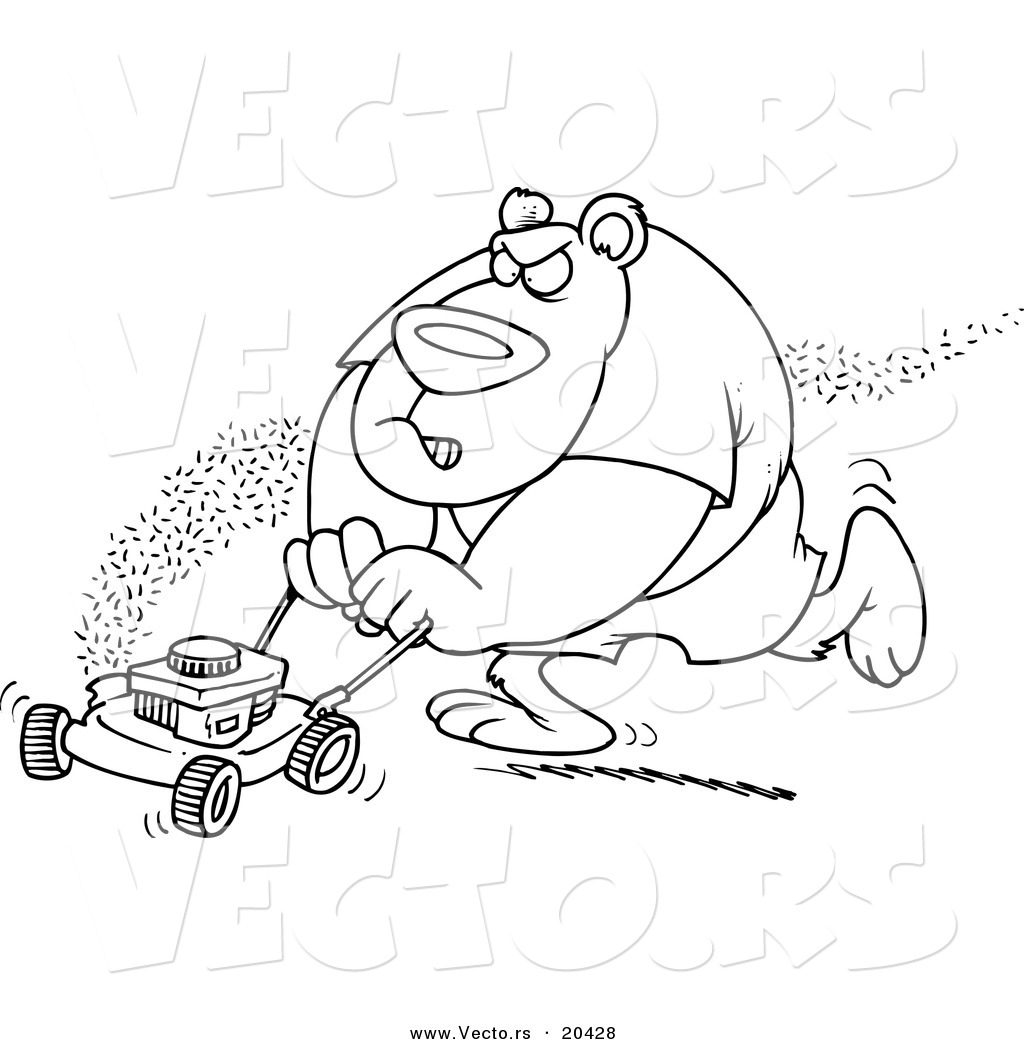 R of a cartoon bear mowing his lawn
