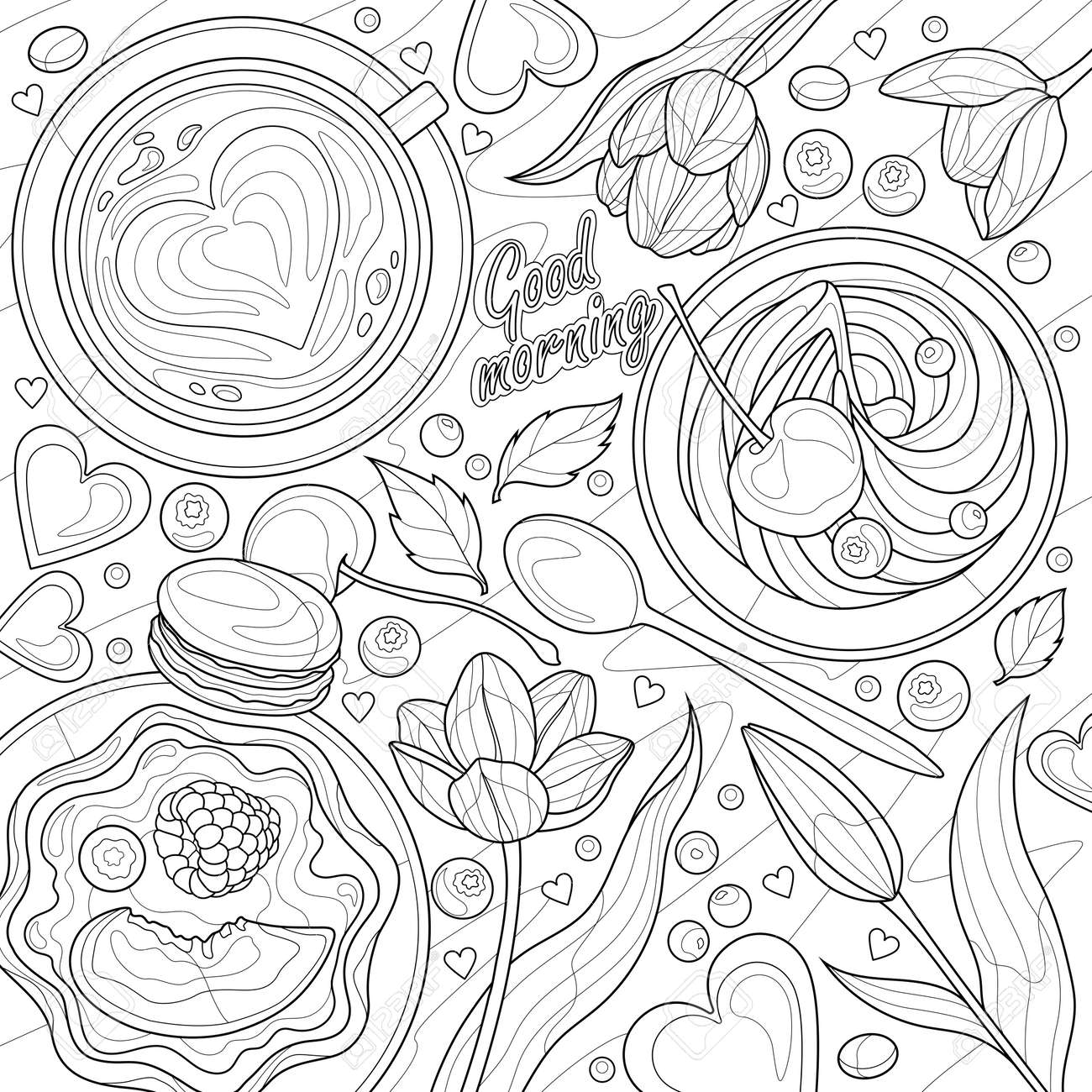 Coffee cakes and tulipsflat laycoloring book antistress for children and adults illustration isolated on white background zen