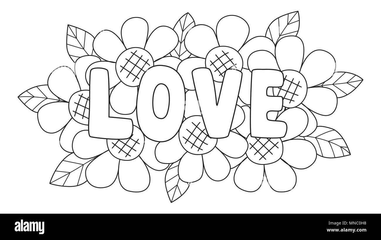 Clean lines the letters love lay on cute flowers for design element and coloring book page for both kids and adultvector illustration stock vector image art