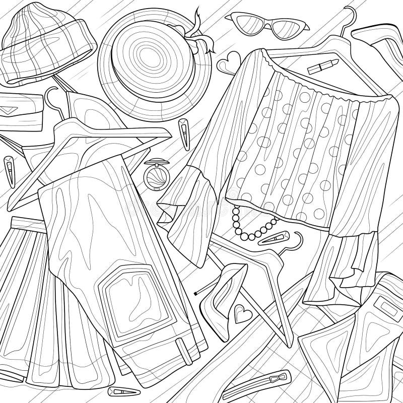Clothes and accessories on the floorflat laycoloring book antistress for children and adults stock vector