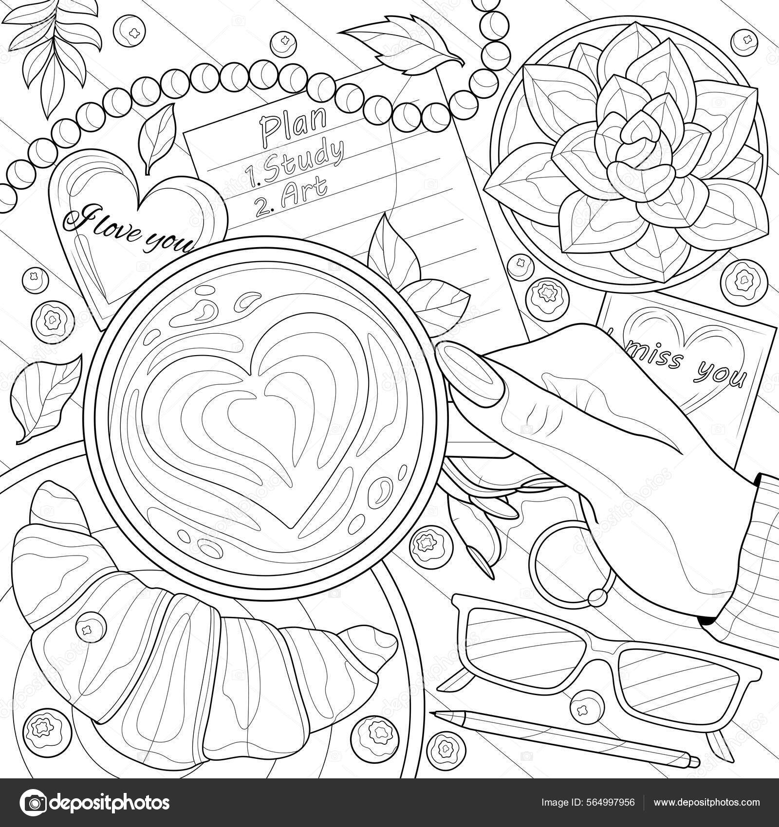 Hand coffee croissant other things flat lay coloring book antistress stock vector by vlasenkoekaterinkagmail