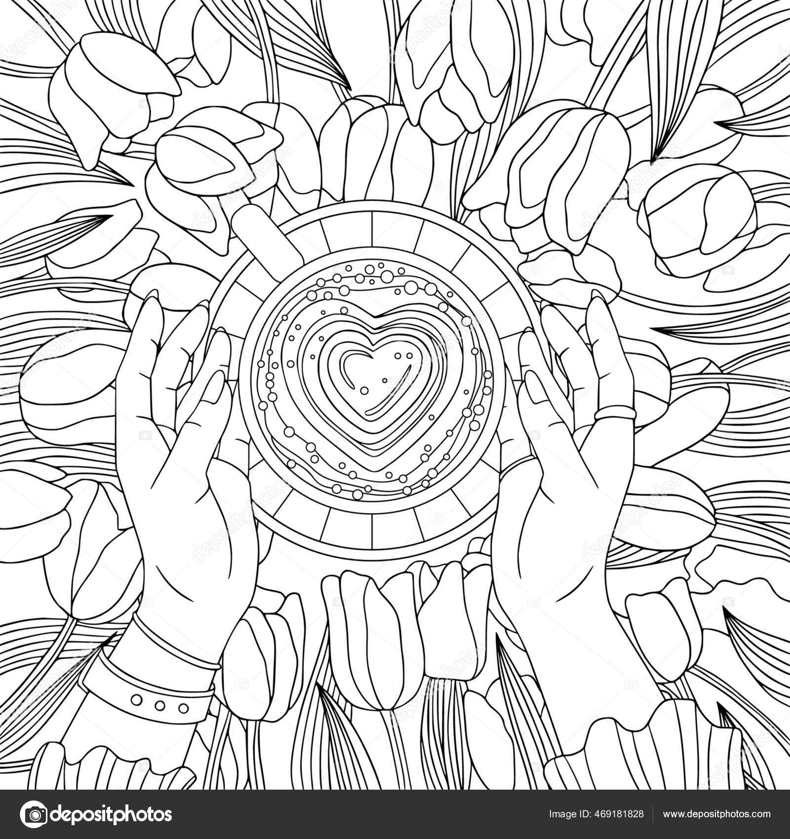 Coloring book page coffee break tulips flat lay vector fashion stock vector by daniellabelaya