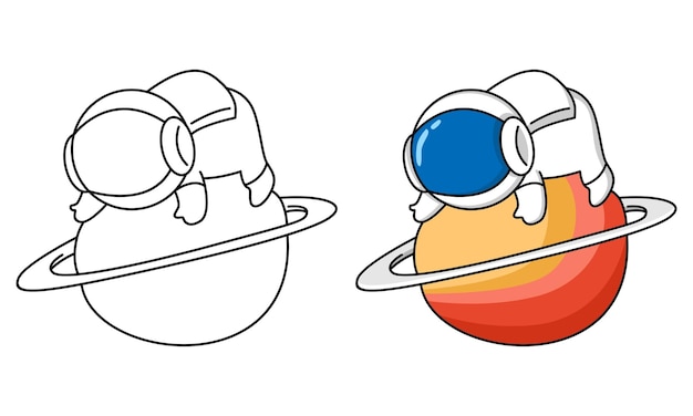 Premium vector cute astronaut lay down on planet coloring page for kids