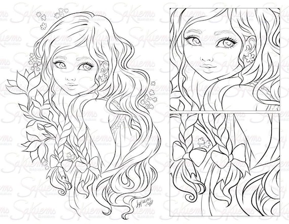 Digital stamp line art coloring page beautiful fantasy nature woman inspired romantic portrait flowers portrait by sakuems