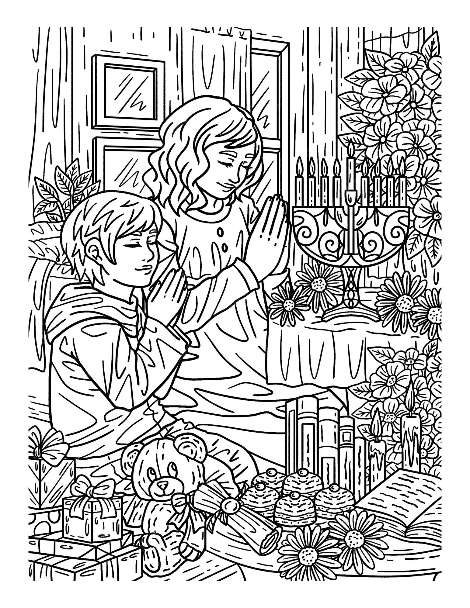 Premium vector hanukkah child praying isolated adults coloring