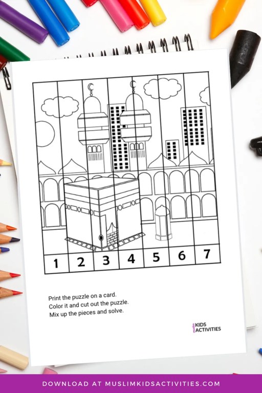 Free hajj coloring page and puzzle activity