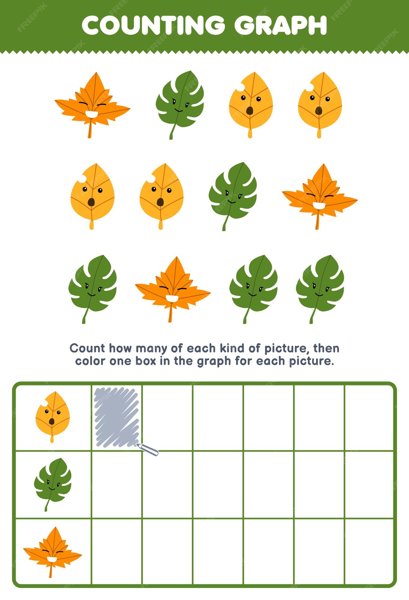 Premium vector education game for children count how many cute cartoon leaf then color the box in the graph printable nature worksheet