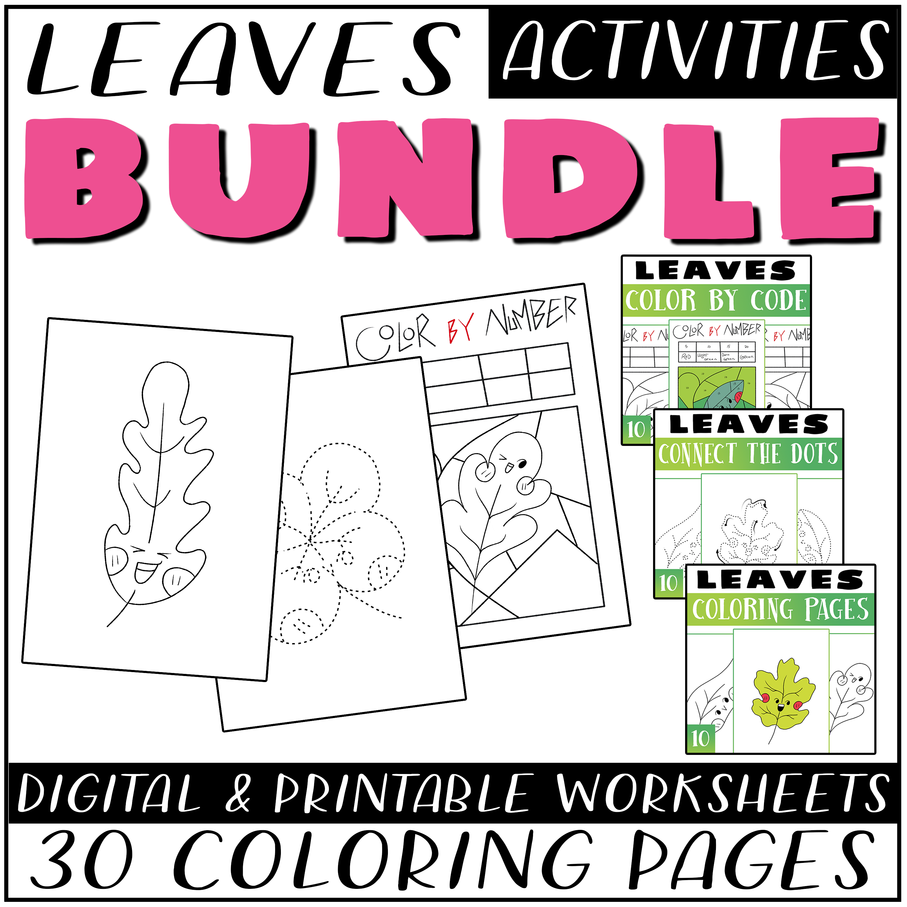 Leaves coloring bundle leaf coloring pages color by number dot to dot made by teachers
