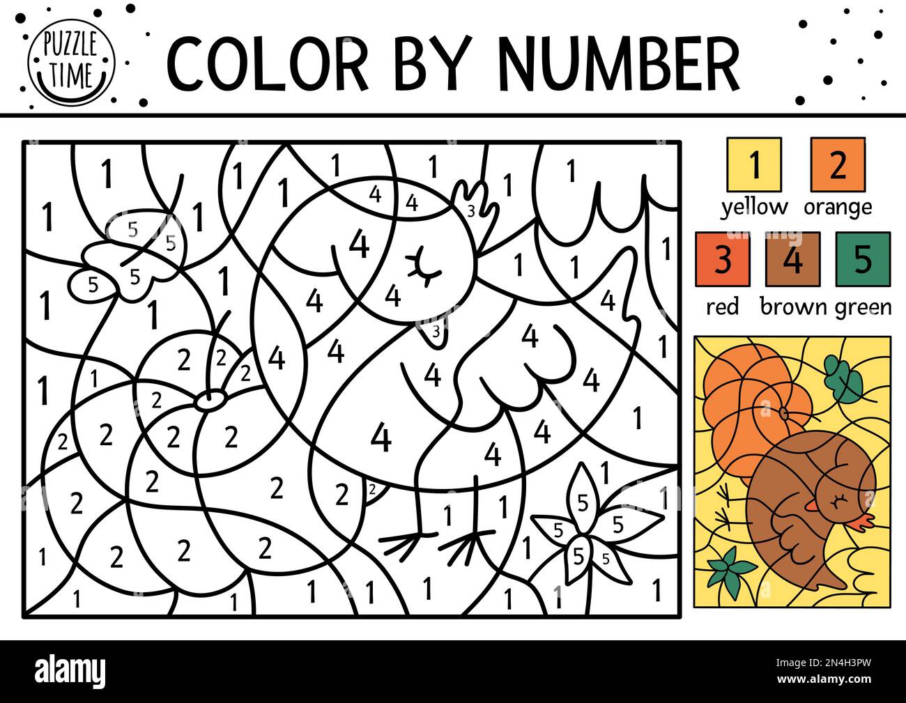 Vector autumn color by number activity with sleeping bird pumpkin leaves fall thanksgiving day or forest coloring and counting game with cute char stock vector image art