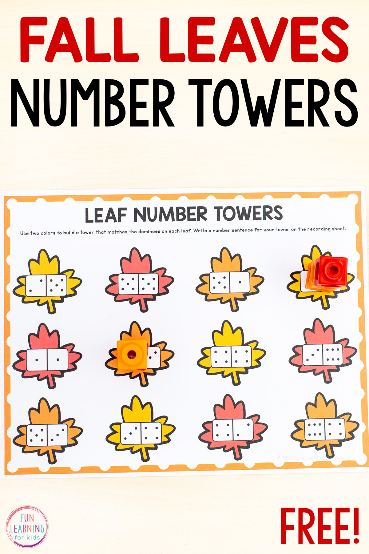Fall leaf number towers free printable math activity