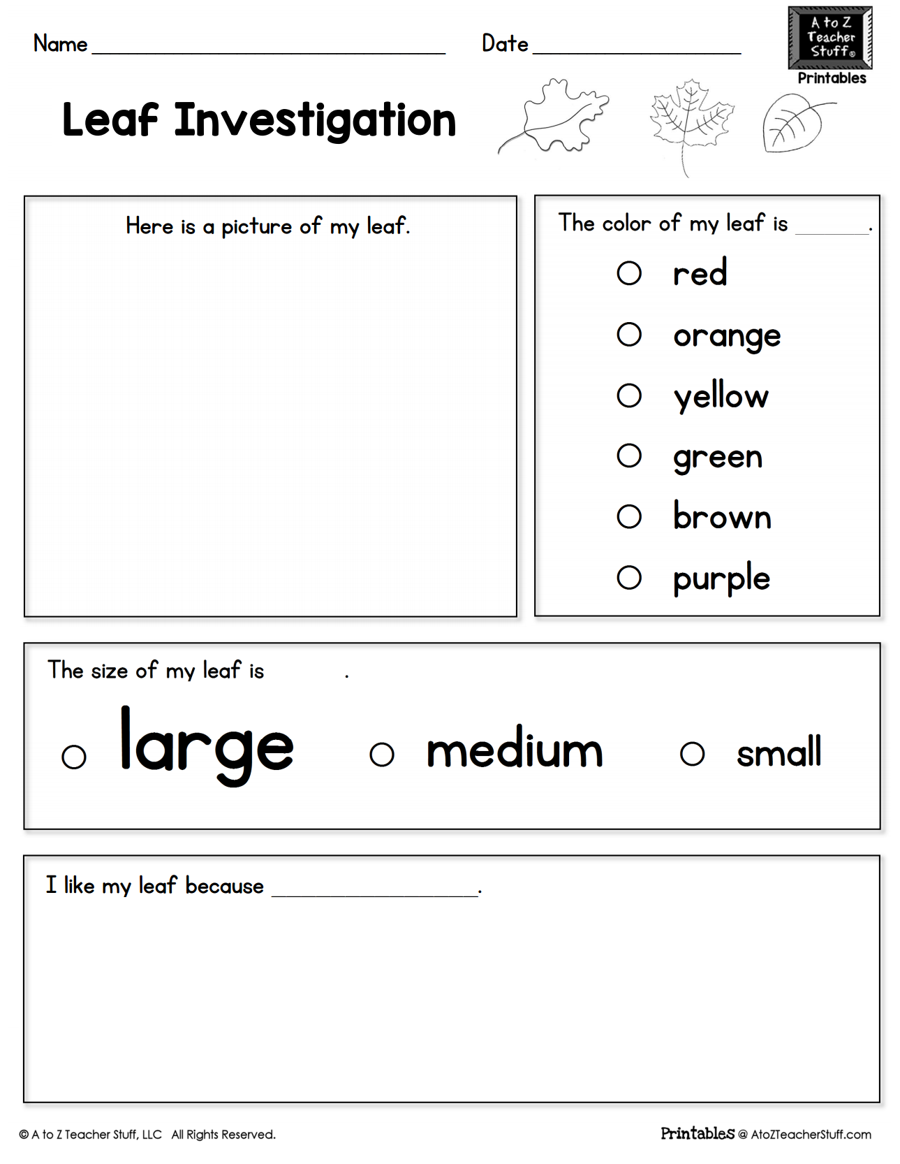 Leaf investigation printable worksheet a to z teacher stuff printable pages and worksheets