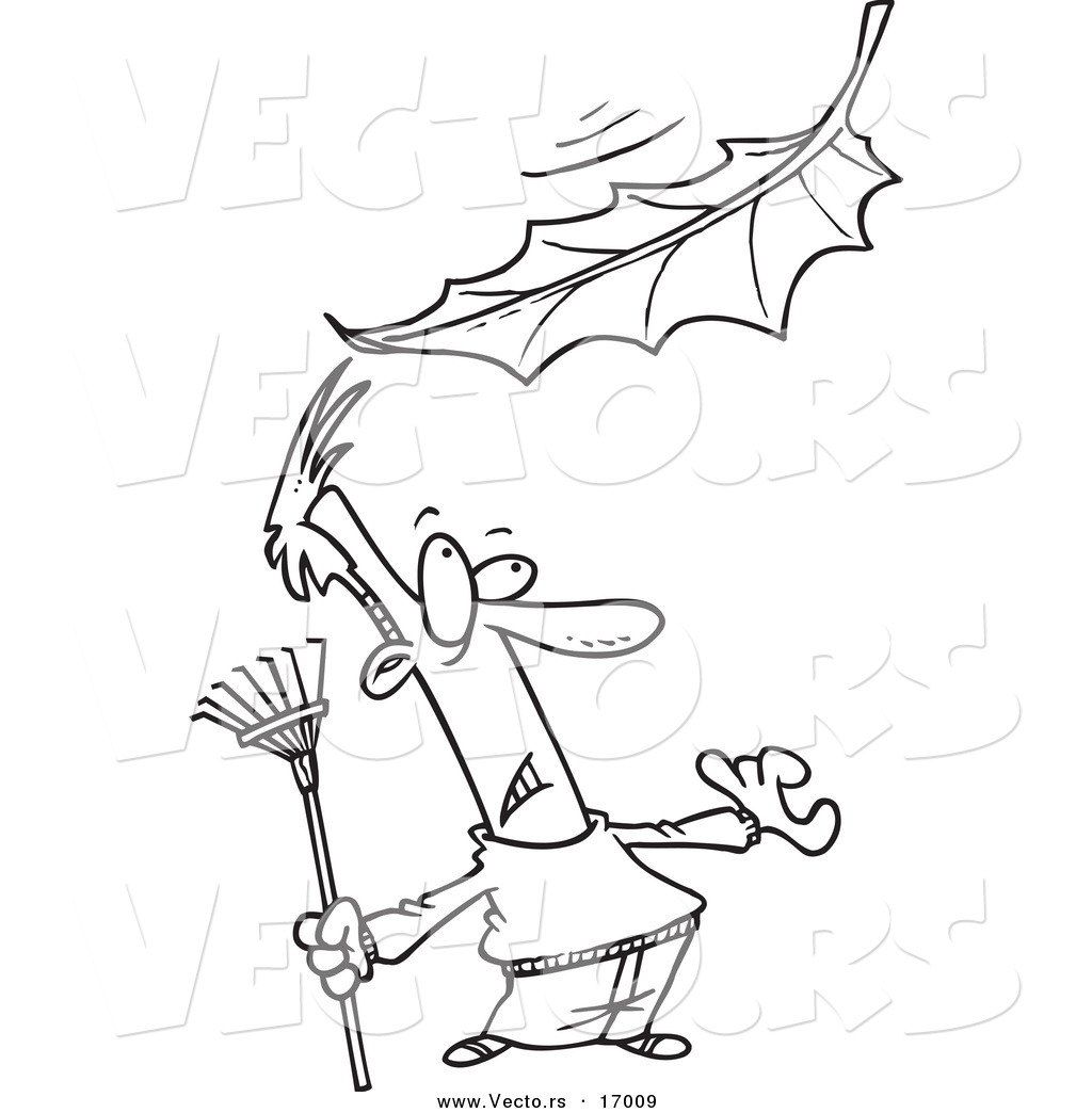 R of a cartoon raking man watching a big leaf fall