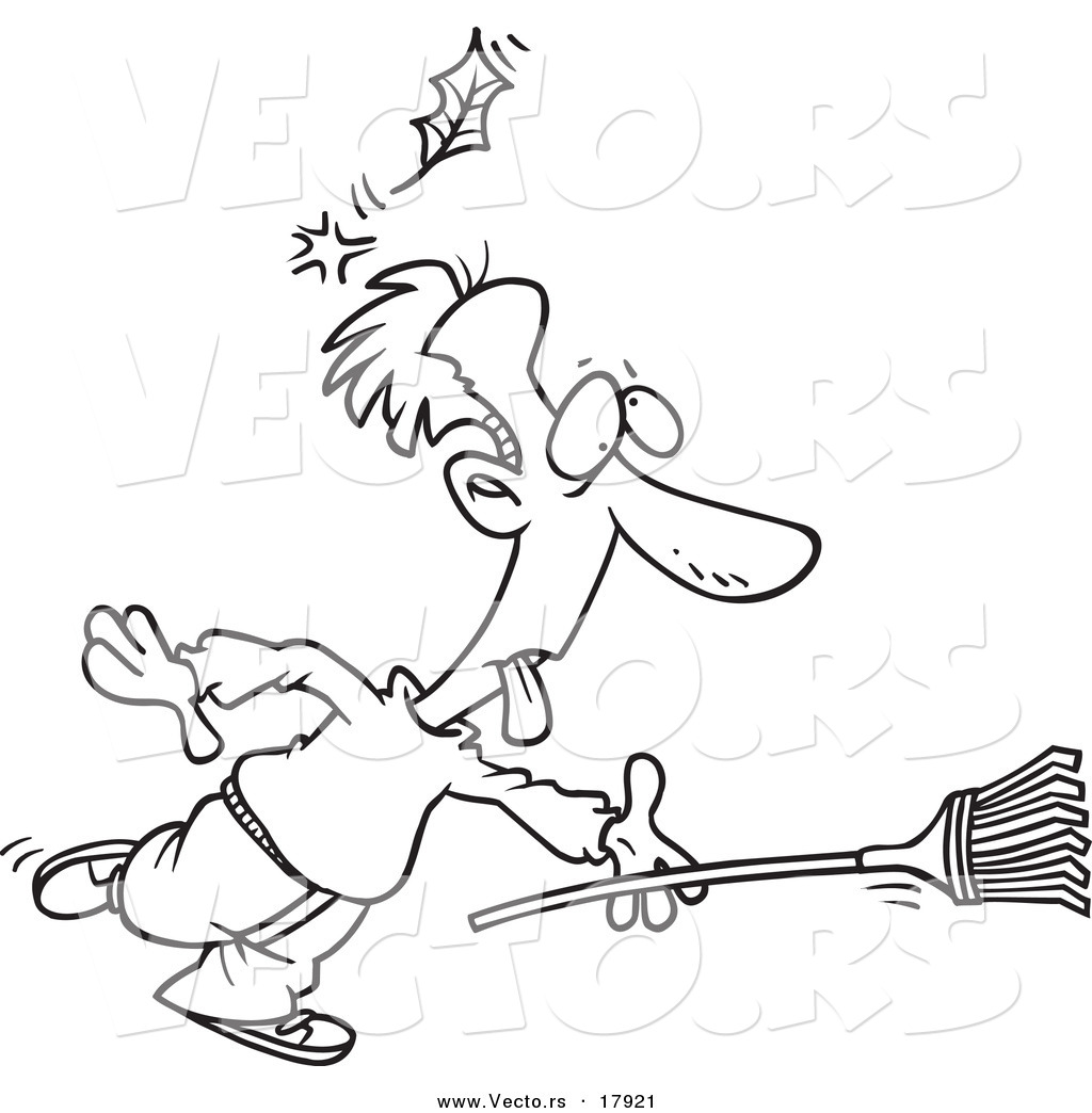R of a cartoon raking man being knocked out by a falling leaf