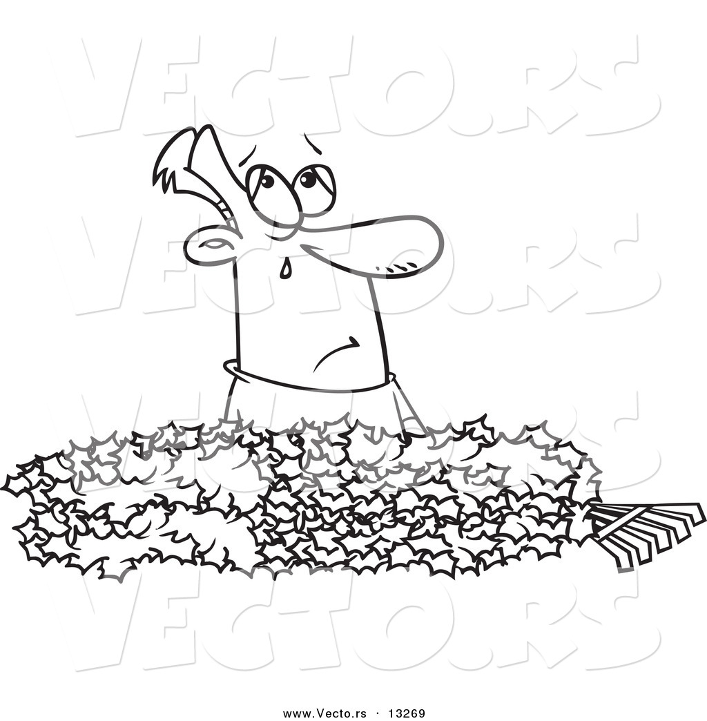 R of a cartoon man crying in a pile of autumn leaves