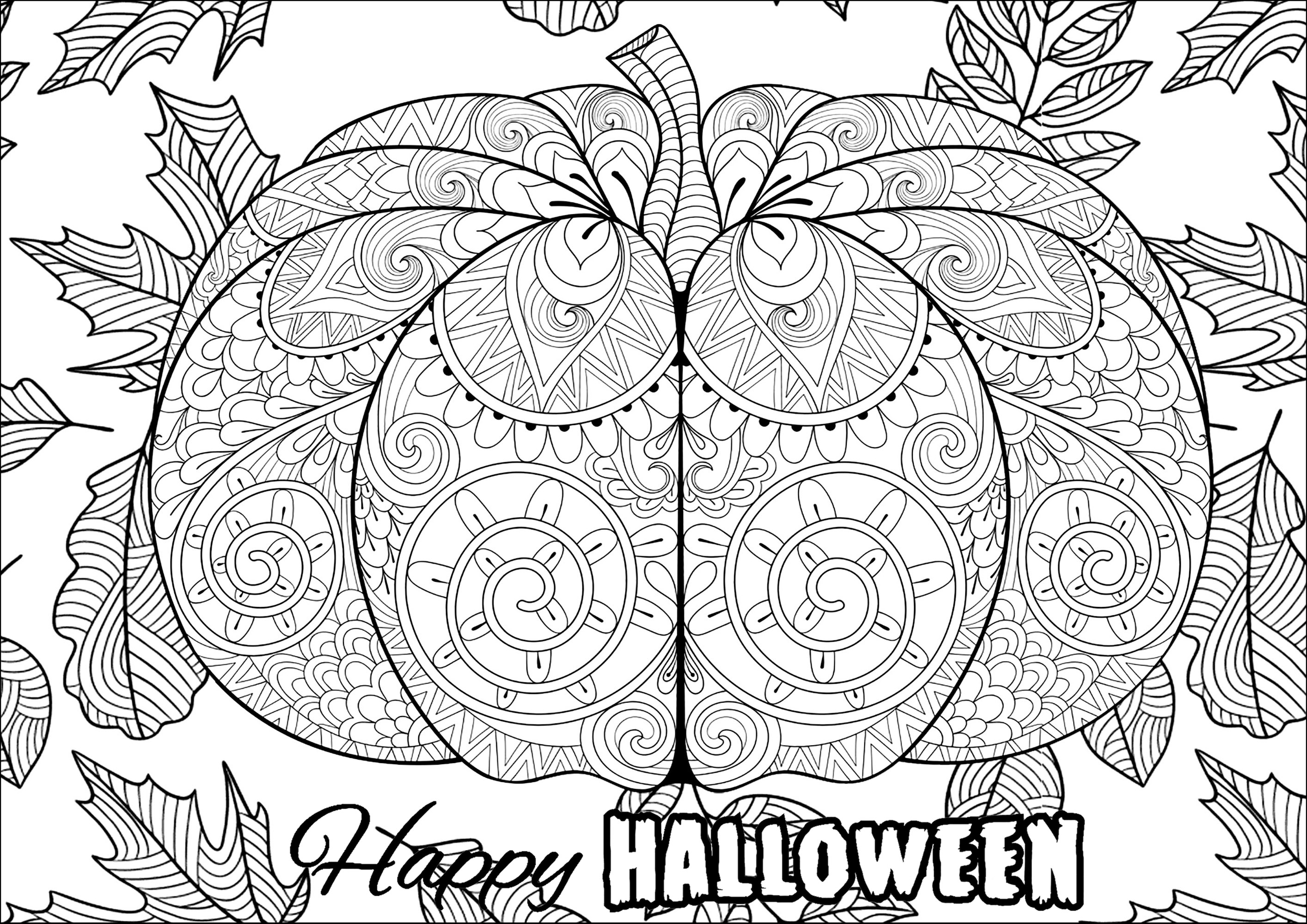 Large halloween pumpkin with motifs and leaves