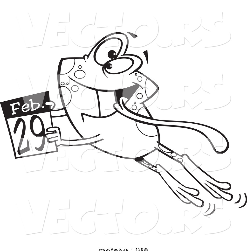 R of a cartoon black and white outline leap day frog jumping with a february th calendar