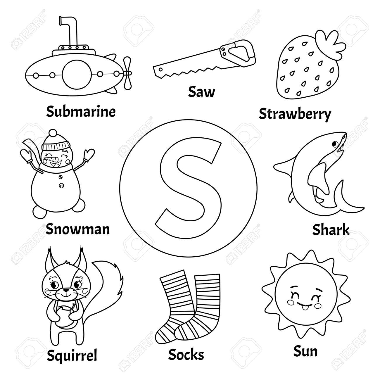 Learning card alphabet letter s set of cute cartoon illustrations coloring page royalty free svg cliparts vectors and stock illustration image