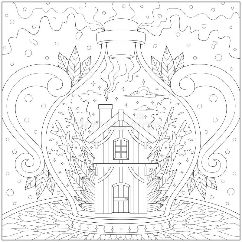 Fantasy and fancy house and tree in the glass bottle learning and education coloring page illustration for adults and children o stock vector