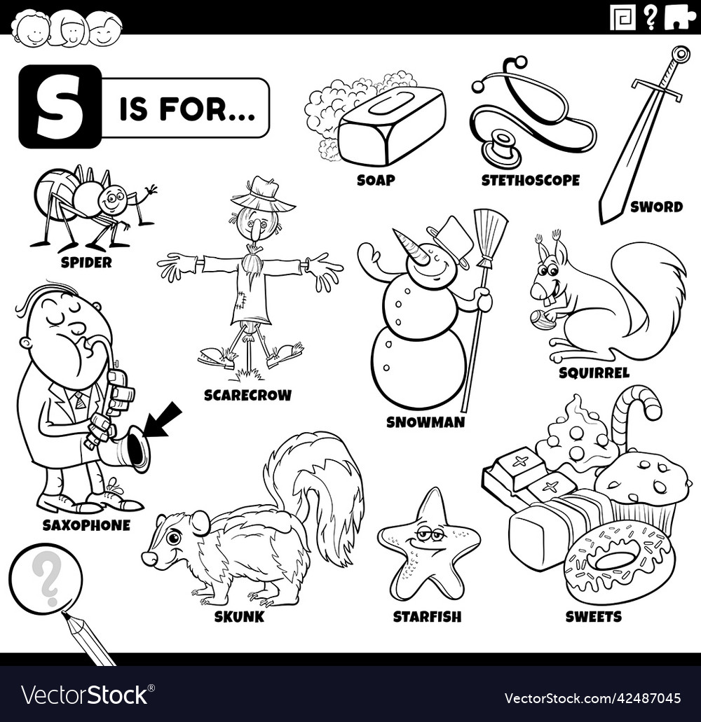 Letter s words educational set coloring book page vector image