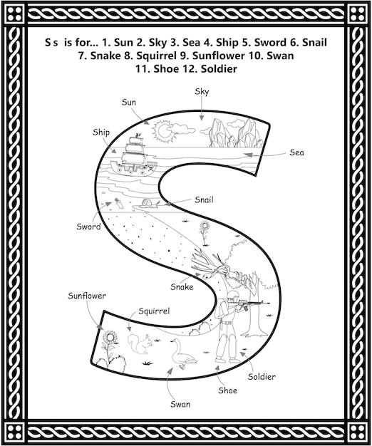 Premium vector alphabet s letter coloring book with cartoon vocabulary learning activity worksheet for kids
