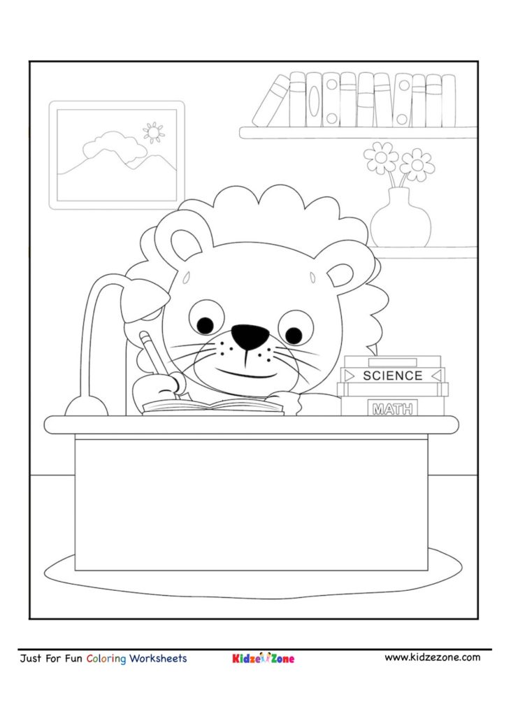 Cute lion cartoon studying coloring page