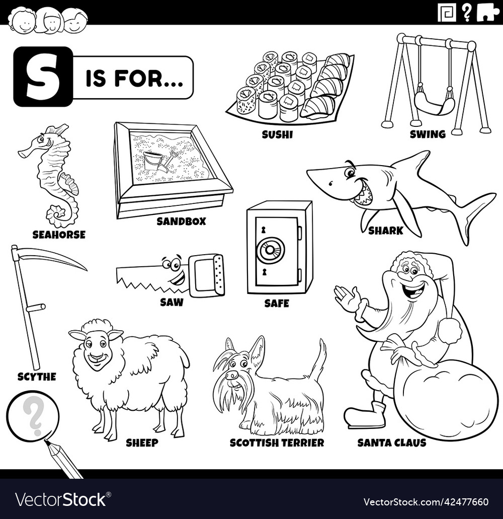 Letter s words educational set coloring book page vector image
