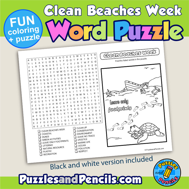 Clean beaches week word search puzzle activity page and coloring july wordsearch made by teachers