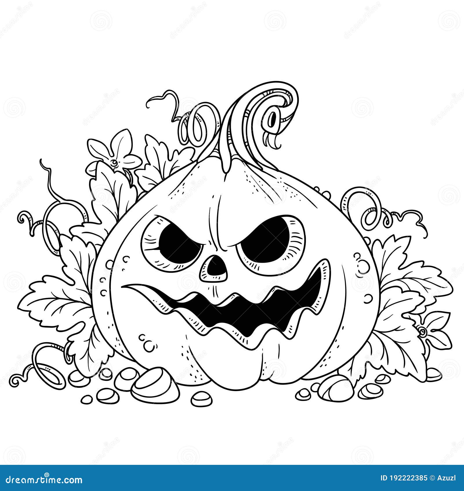 Lantern from pumpkin with the cut out of a grin and leaves outlined for coloring page stock illustration