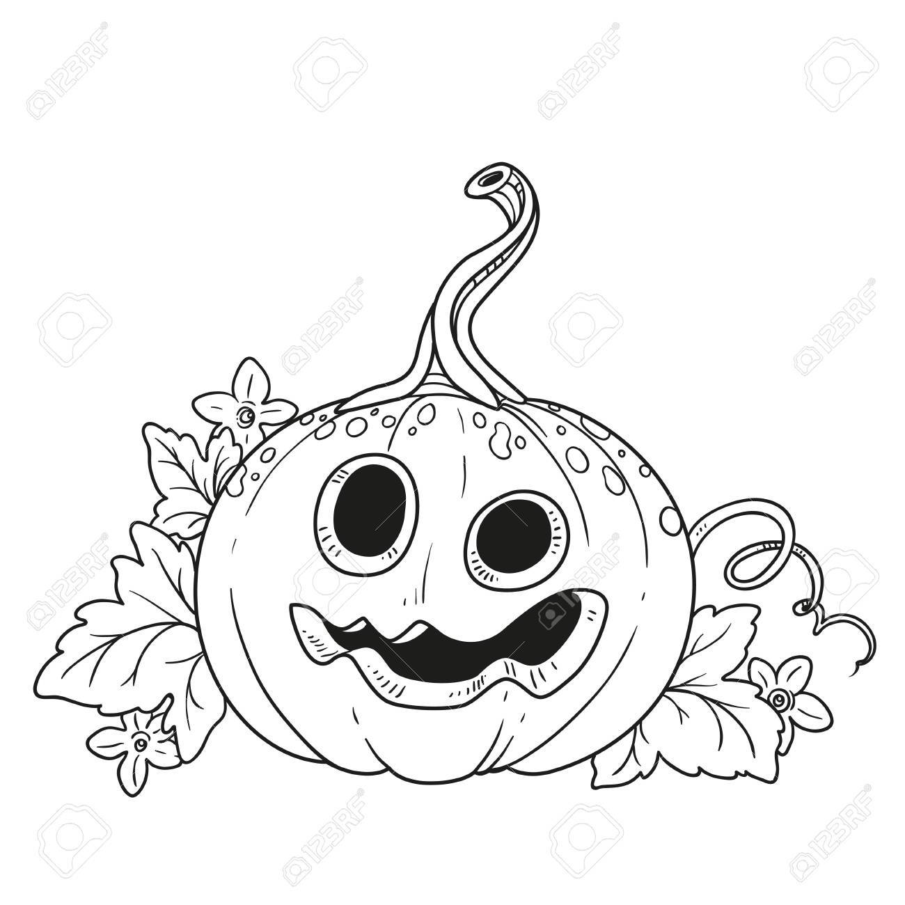 Funny lantern from pumpkin with the cut out of a grin and leaves outlined for coloring page royalty free svg cliparts vectors and stock illustration image