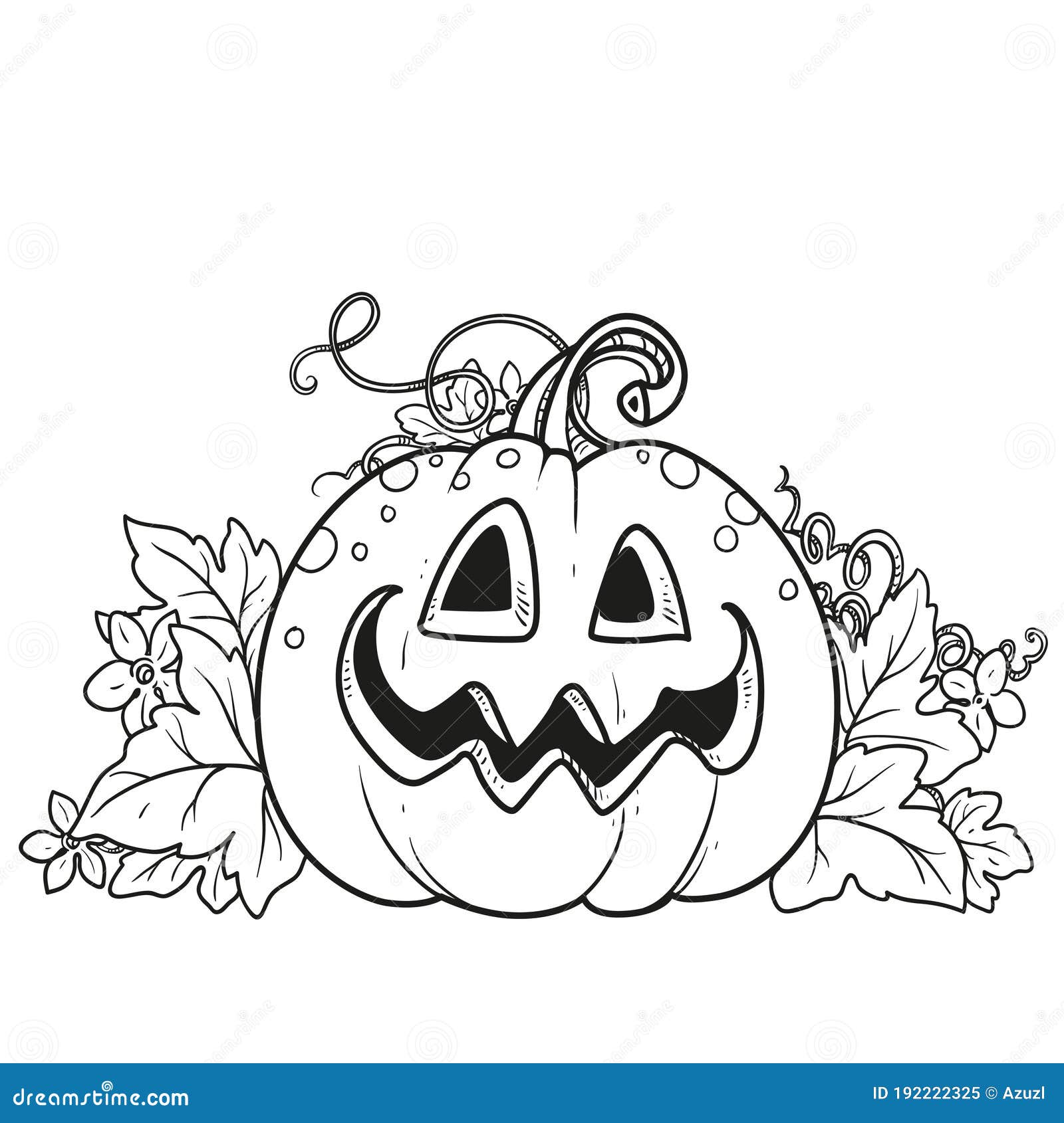 Funny lantern from pumpkin with the cut out of grin and leaves outlined for coloring page stock illustration
