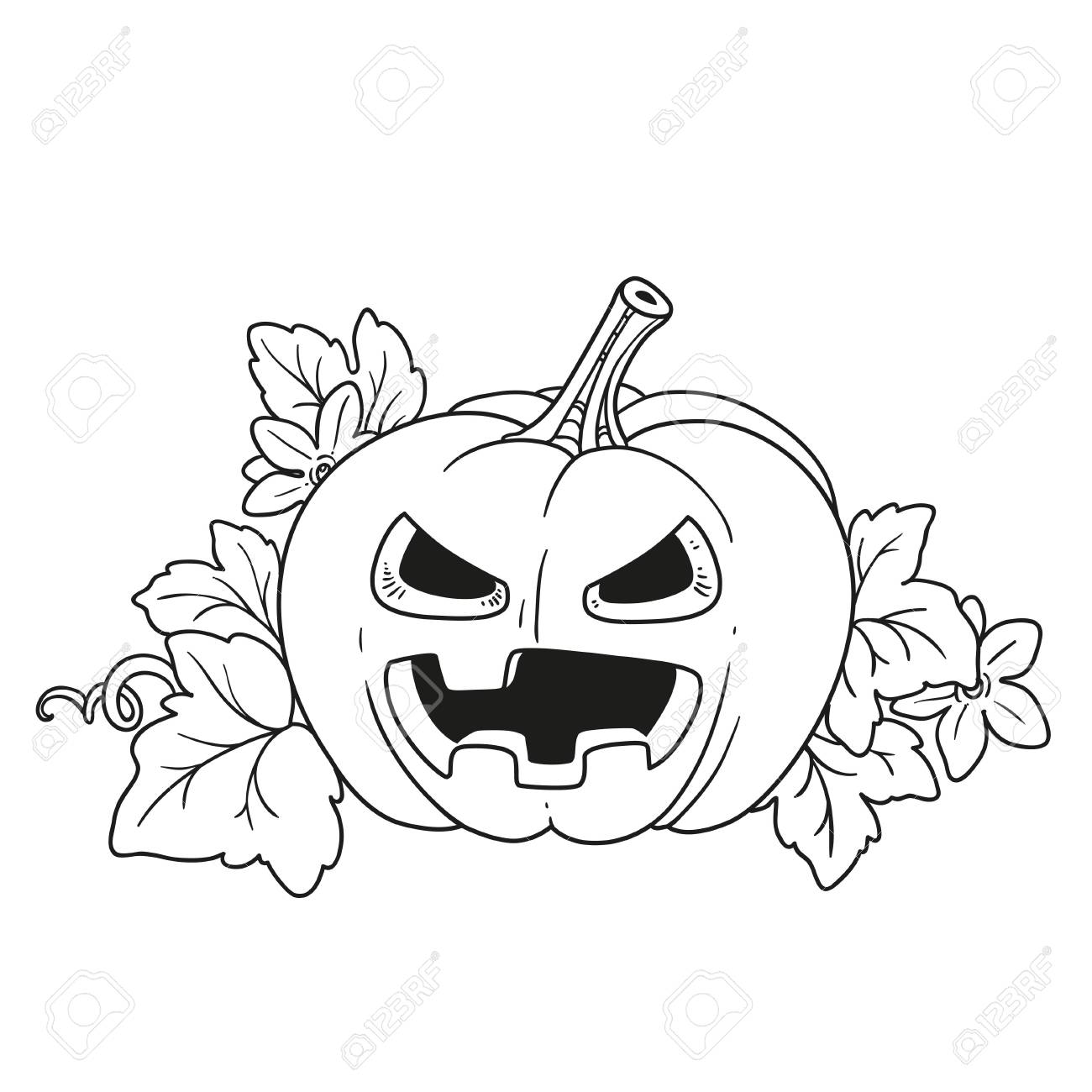 Lantern from pumpkin with the cut out of a terrible grin and leaves outlined for coloring page royalty free svg cliparts vectors and stock illustration image