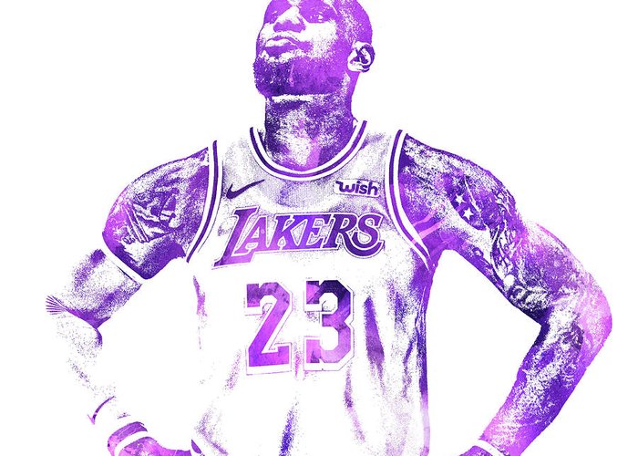 Lebron james los angeles lakers water color pixel art greeting card by joe hamilton