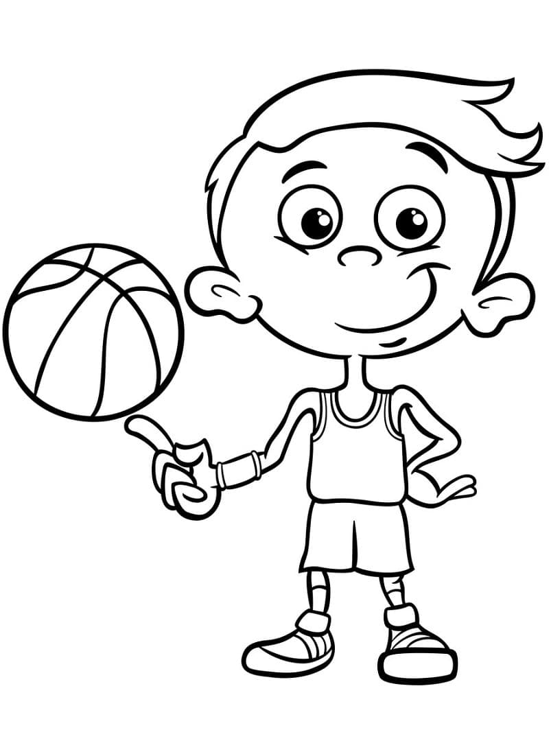 Happy boy with basketball ball coloring page