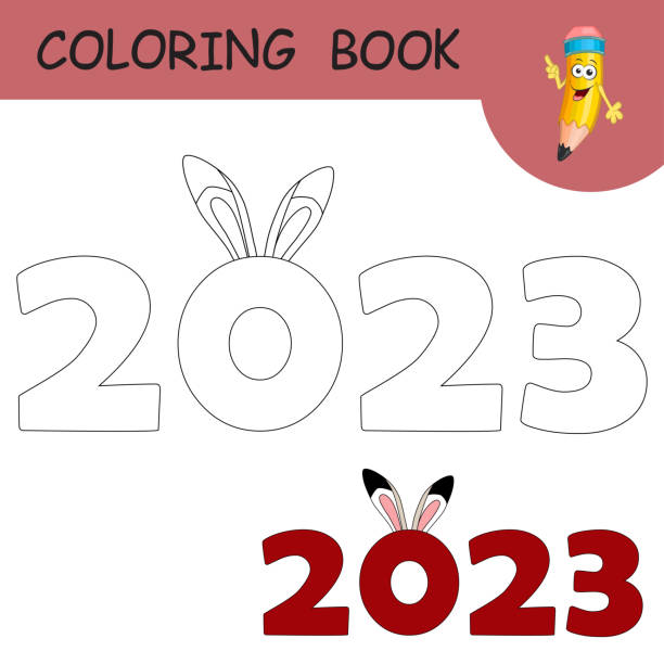 Coloring book with cartoon rabbit ears and numbers colorless and color example hare as symbol of on coloring page worksheet greeting card antistress coloring with new year art for kids