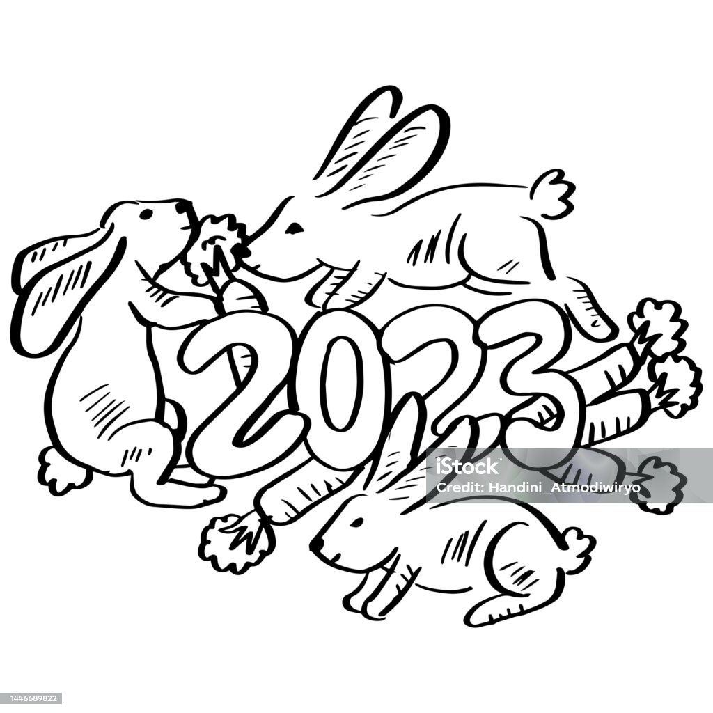 Happy new year with rabbit coloring pages