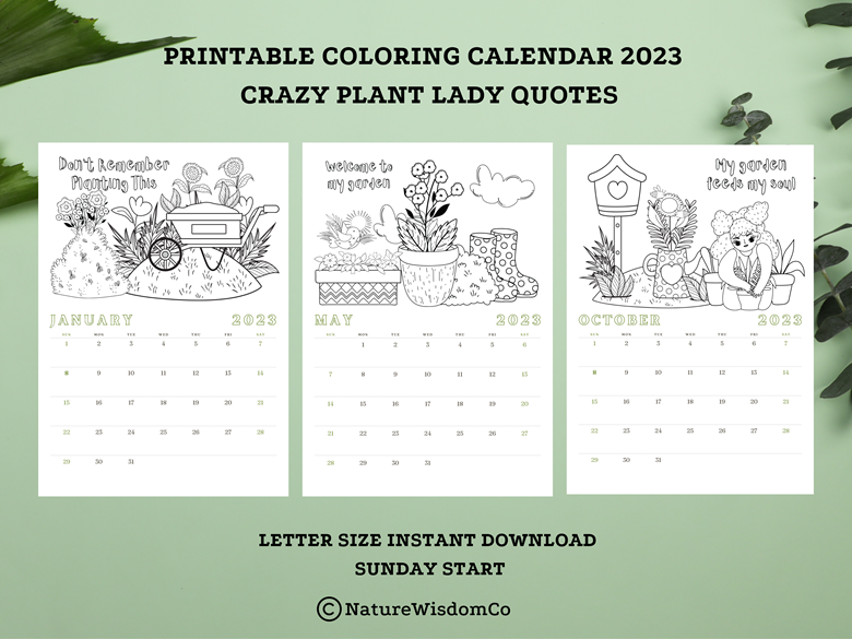Printable coloring calendar crazy plant lady quotes gardening letter size sunday start instant download pdf