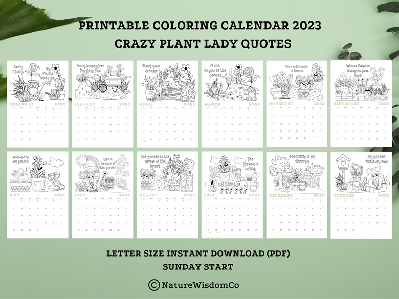 Printable coloring calendar crazy plant lady quotes gardening letter size sunday start instant download pdf