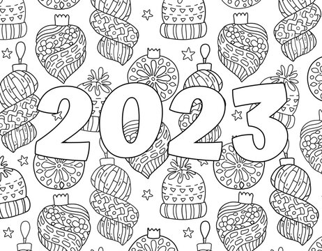 Hand drawing coloring page for kids and adults holiday greeting new year beautiful drawing with patterns and small details coloring book pictures vector