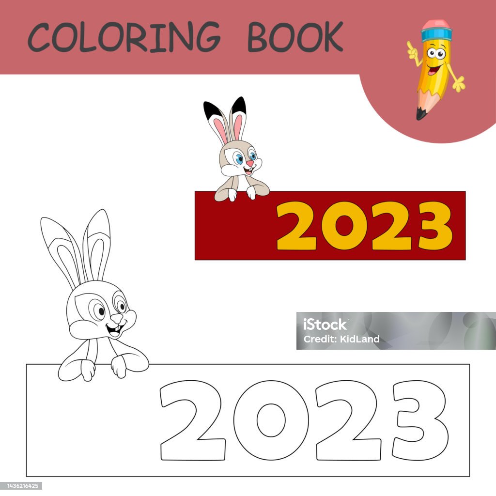 Coloring book and new year text design with cute cartoon rabbit colorless and color example hare on coloring page for kids black contour silhouette bunny and numders new year art