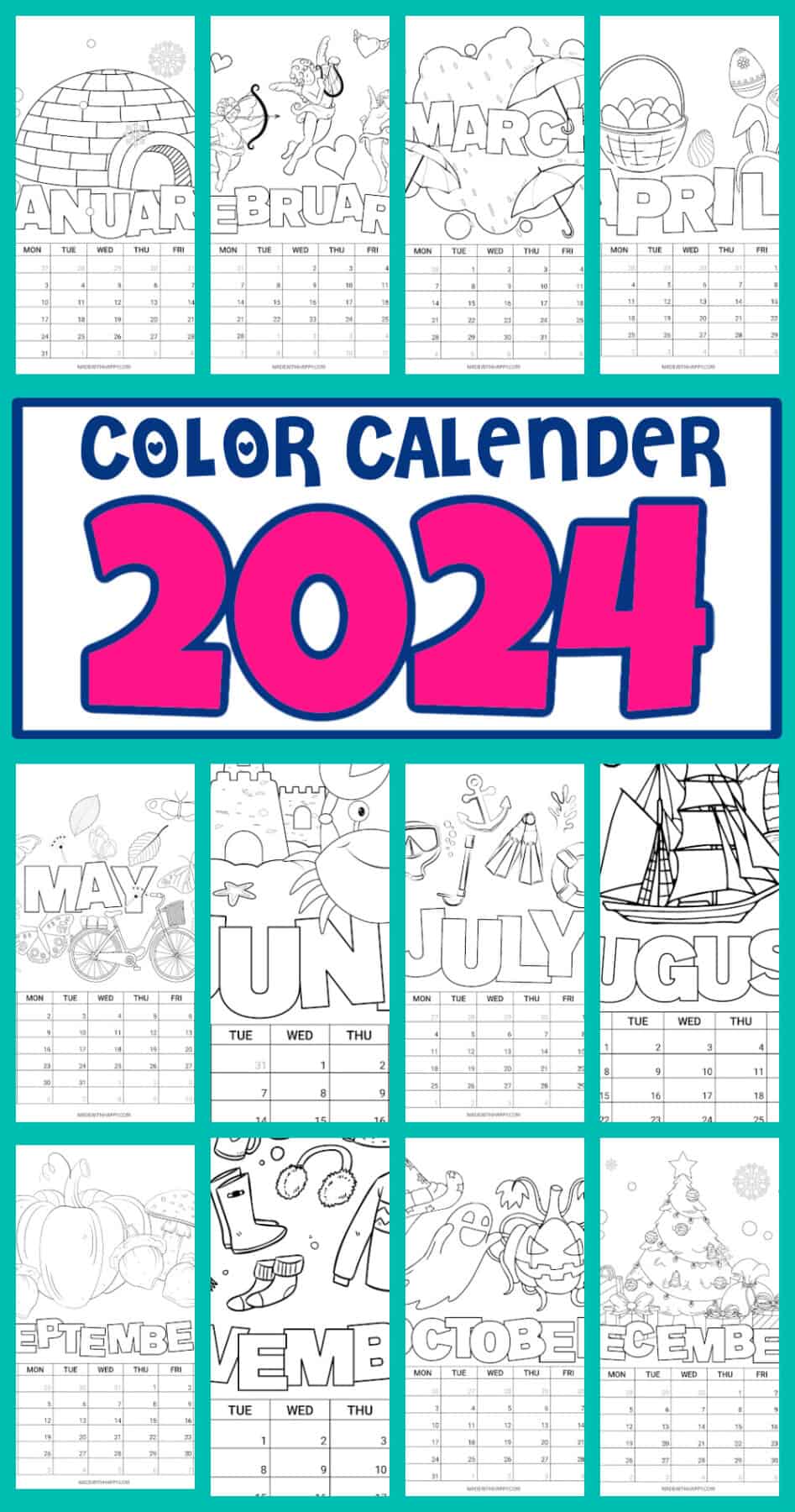 Printable coloring calendar for kids